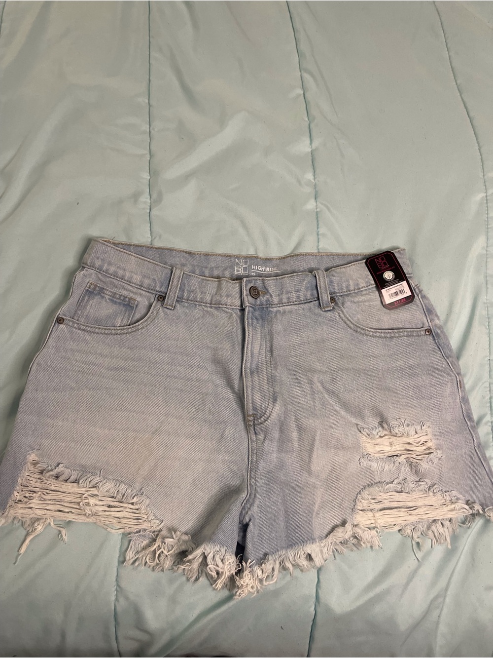 No Boundaries Light Blue Distressed High-Rise Denim Shorts